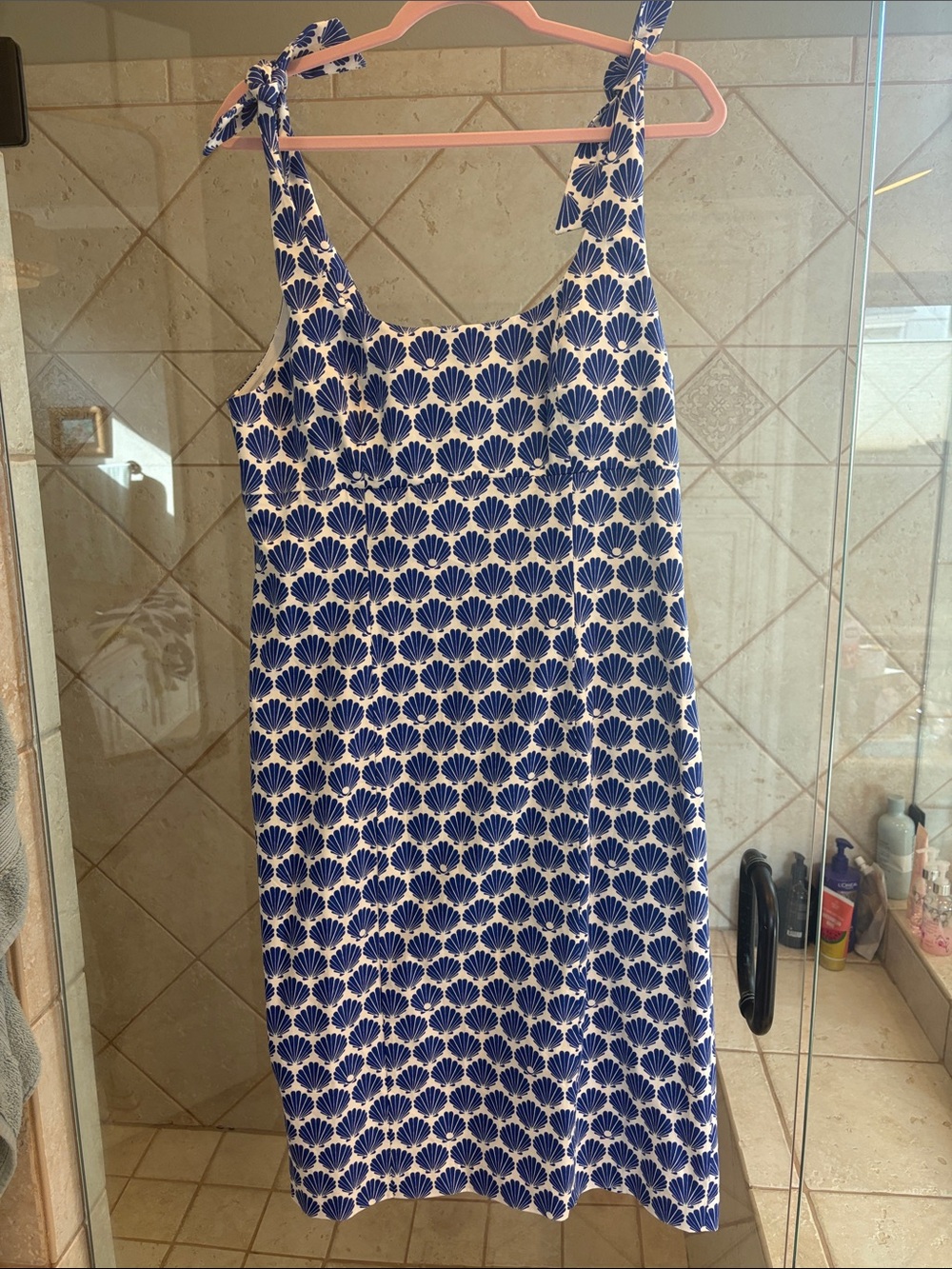 kate spade Blue and White Shell-Print Tie-Shoulder Midi Dress